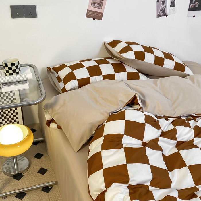 91家纺网 家纺一手货源 找家纺 雅阁尔家纺2025新款无印良品风棋盘格贴标四件套 棋盘格-棕