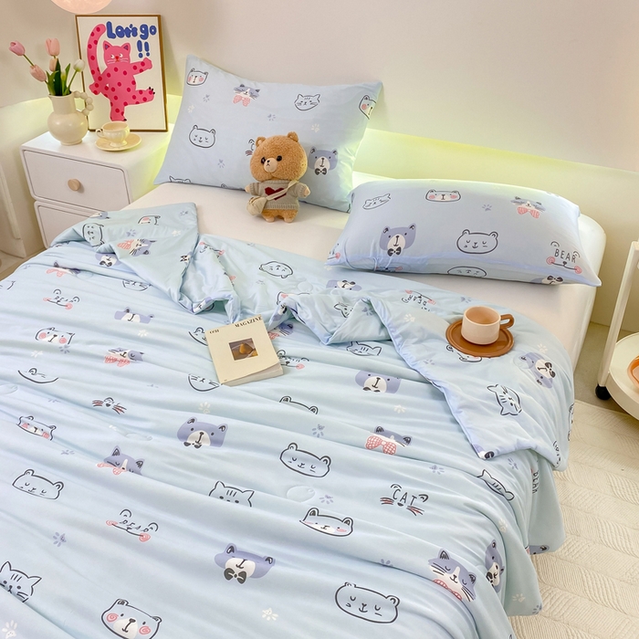 91家纺网 家纺一手货源 找家纺  （爆款花型 长期款 不断货）幼儿园宝宝婴儿被子儿童夏凉被牛奶针织棉夏凉被大豆被夏被空调被春秋被冬被 M系列--小猫蓝