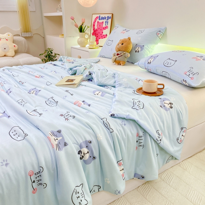 91家纺网 家纺一手货源 找家纺  （爆款花型 长期款 不断货）幼儿园宝宝婴儿被子儿童夏凉被牛奶针织棉夏凉被大豆被夏被空调被春秋被冬被 M系列--小猫蓝