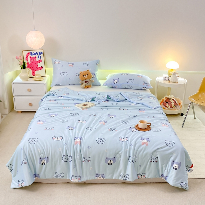 91家纺网 家纺一手货源 找家纺  （爆款花型 长期款 不断货）幼儿园宝宝婴儿被子儿童夏凉被牛奶针织棉夏凉被大豆被夏被空调被春秋被冬被 M系列--小猫蓝