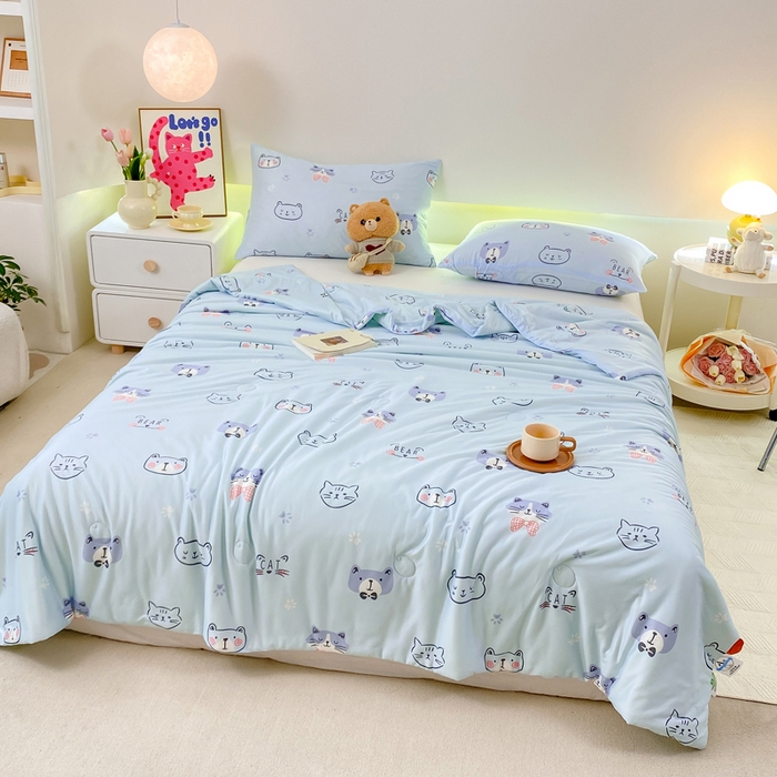 91家纺网 家纺一手货源 找家纺  （爆款花型 长期款 不断货）幼儿园宝宝婴儿被子儿童夏凉被牛奶针织棉夏凉被大豆被夏被空调被春秋被冬被 M系列--小猫蓝