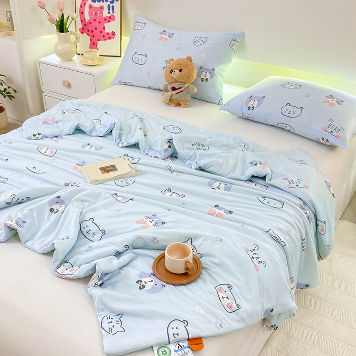 91家纺网 家纺一手货源 找家纺  （爆款花型 长期款 不断货）幼儿园宝宝婴儿被子儿童夏凉被牛奶针织棉夏凉被大豆被夏被空调被春秋被冬被 M系列--小猫蓝