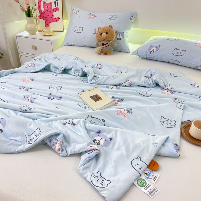 91家纺网 家纺一手货源 找家纺  （爆款花型 长期款 不断货）幼儿园宝宝婴儿被子儿童夏凉被牛奶针织棉夏凉被大豆被夏被空调被春秋被冬被 M系列--小猫蓝