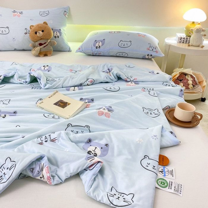 91家纺网 家纺一手货源 找家纺  （爆款花型 长期款 不断货）幼儿园宝宝婴儿被子儿童夏凉被牛奶针织棉夏凉被大豆被夏被空调被春秋被冬被 M系列--小猫蓝