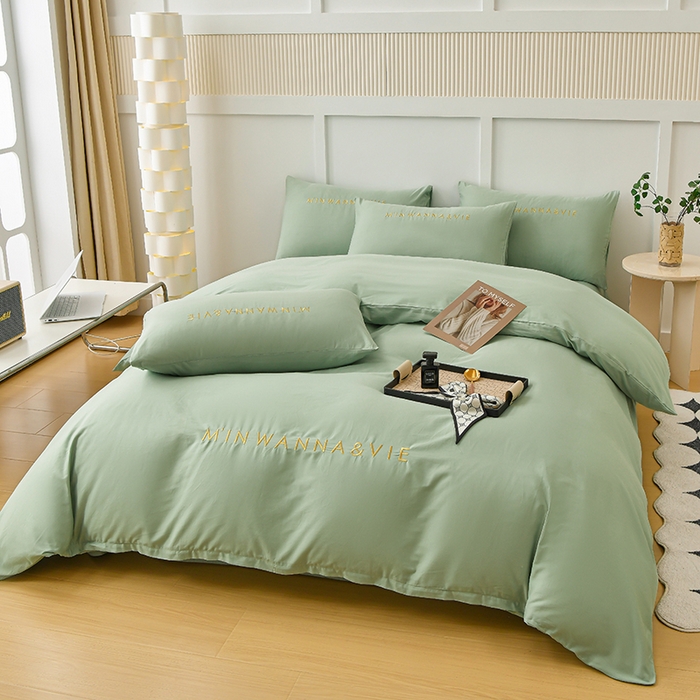 91家纺网 家纺一手货源 找家纺 宇彬家纺 2025新款直播热款13374全棉母婴级绣花字母款被套床单纯色重工清新四件套贡缎新疆长绒 Min-炫彩绿