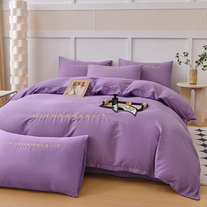 91家纺网 家纺一手货源 找家纺 宇彬家纺 2025新款直播热款13374全棉母婴级绣花字母款被套床单纯色重工清新四件套贡缎新疆长绒 Min-典雅紫