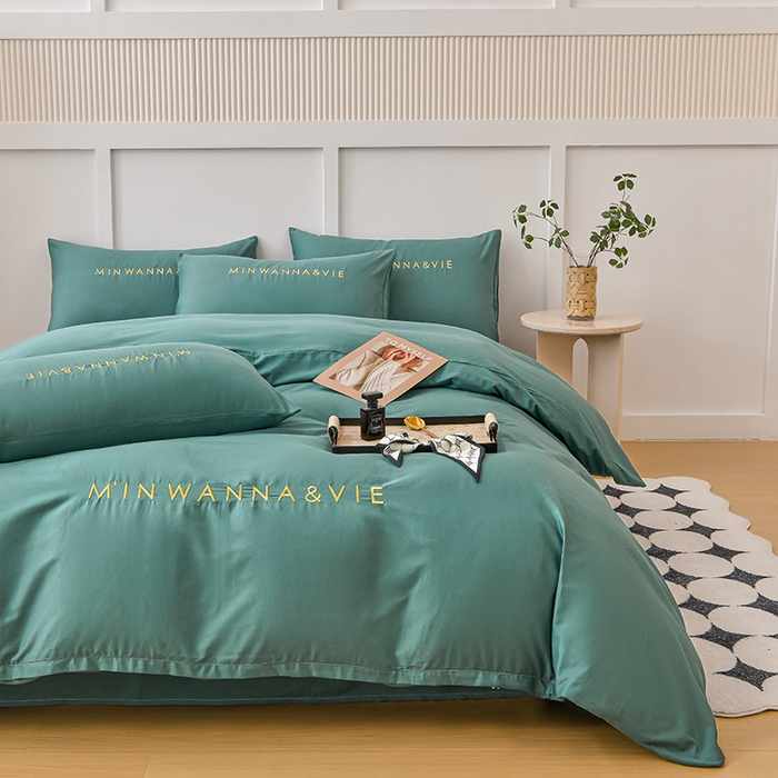 91家纺网 家纺一手货源 找家纺 宇彬家纺 2025新款直播热款13374全棉母婴级绣花字母款被套床单纯色重工清新四件套贡缎新疆长绒 Min-摩卡绿