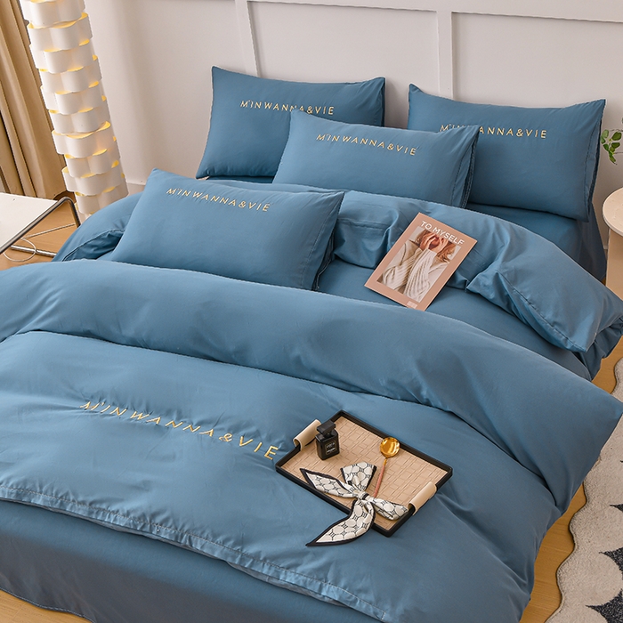 91家纺网 家纺一手货源 找家纺 宇彬家纺 2025新款直播热款13374全棉母婴级绣花字母款被套床单纯色重工清新四件套贡缎新疆长绒 Min-宾利蓝