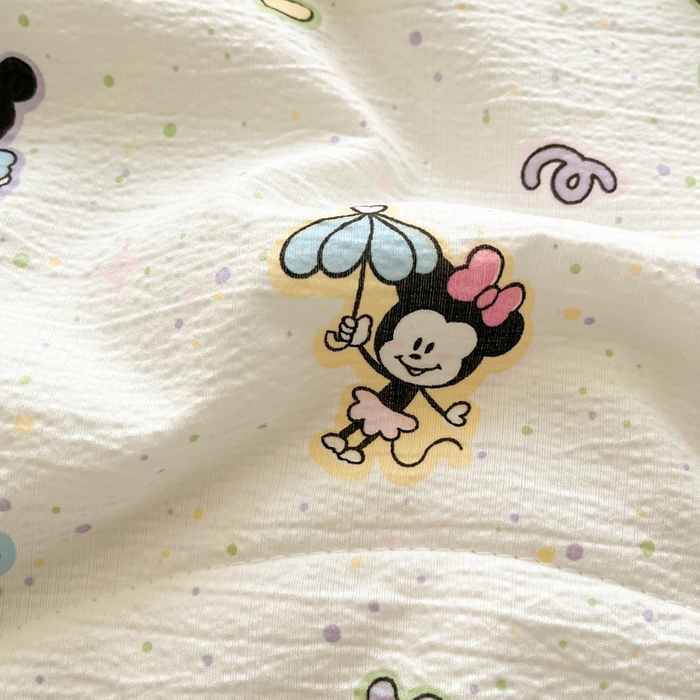 91家纺网 家纺一手货源 找家纺 玉海棠家纺 2025新款云感云感双层纱皱皱纱全棉花边款夏被四件套 米奇