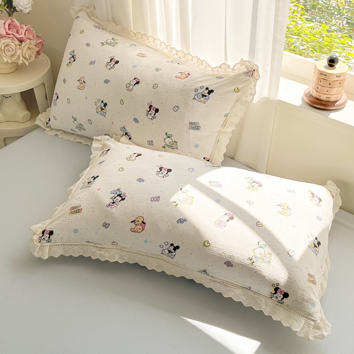 91家纺网 家纺一手货源 找家纺 玉海棠家纺 2025新款云感云感双层纱皱皱纱全棉花边款夏被四件套 米奇