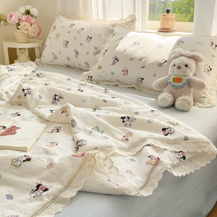 91家纺网 家纺一手货源 找家纺 玉海棠家纺 2025新款云感云感双层纱皱皱纱全棉花边款夏被四件套 米奇