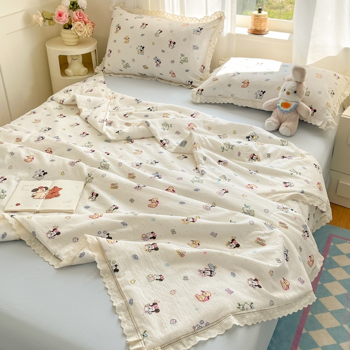 91家纺网 家纺一手货源 找家纺 玉海棠家纺 2025新款云感云感双层纱皱皱纱全棉花边款夏被四件套 米奇