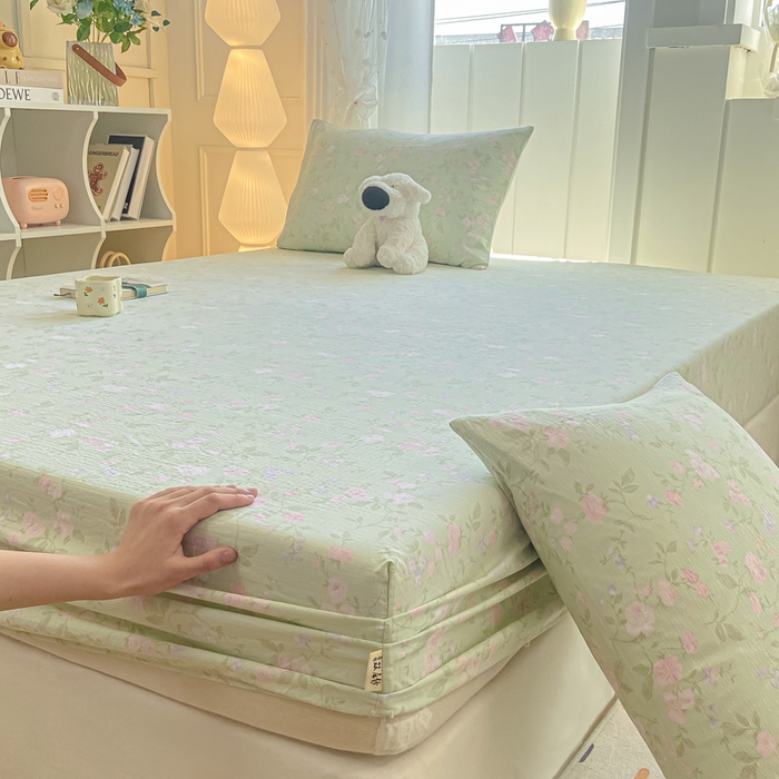 91家纺网 家纺一手货源 找家纺 喜居 2025新款A类原棉双层纱床笠 春天里