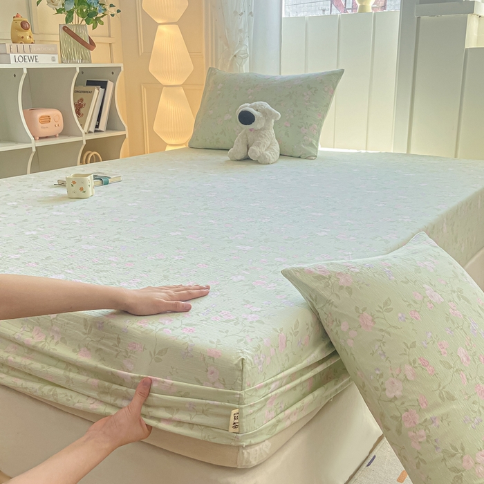 91家纺网 家纺一手货源 找家纺 喜居 2025新款A类原棉双层纱床笠 春天里