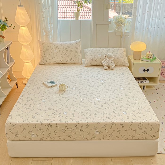 91家纺网 家纺一手货源 找家纺 喜居 2025新款A类原棉双层纱床笠 花丛兔