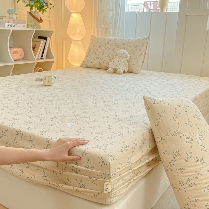 91家纺网 家纺一手货源 找家纺 喜居 2025新款A类原棉双层纱床笠 花丛兔