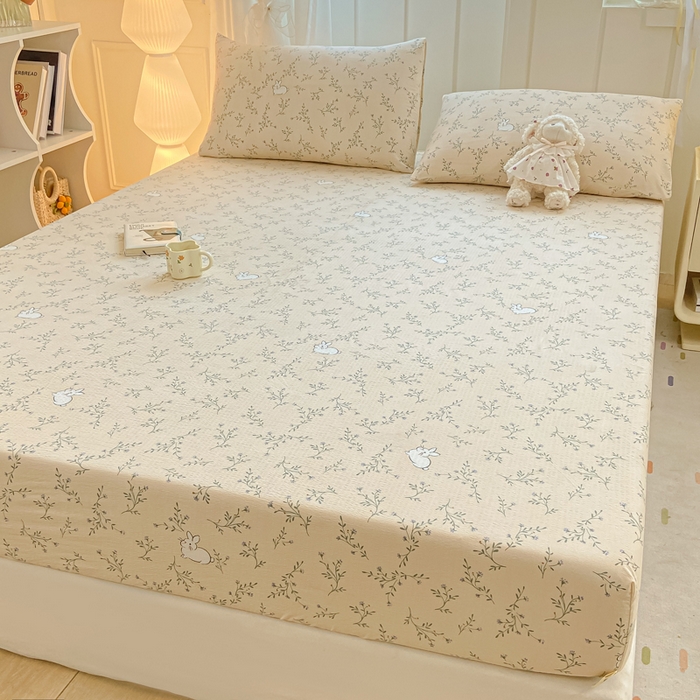 91家纺网 家纺一手货源 找家纺 喜居 2025新款A类原棉双层纱床笠 花丛兔