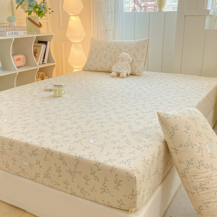 91家纺网 家纺一手货源 找家纺 喜居 2025新款A类原棉双层纱床笠 花丛兔