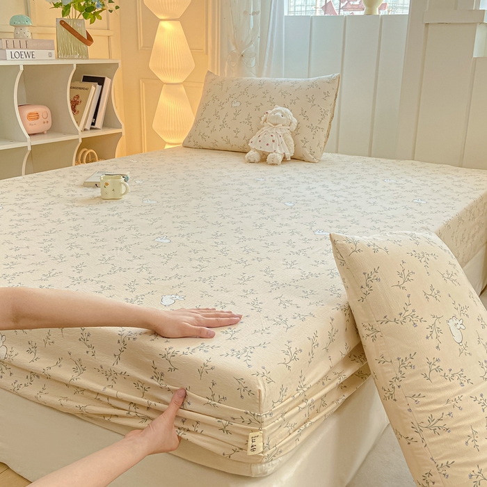 91家纺网 家纺一手货源 找家纺 喜居 2025新款A类原棉双层纱床笠 花丛兔