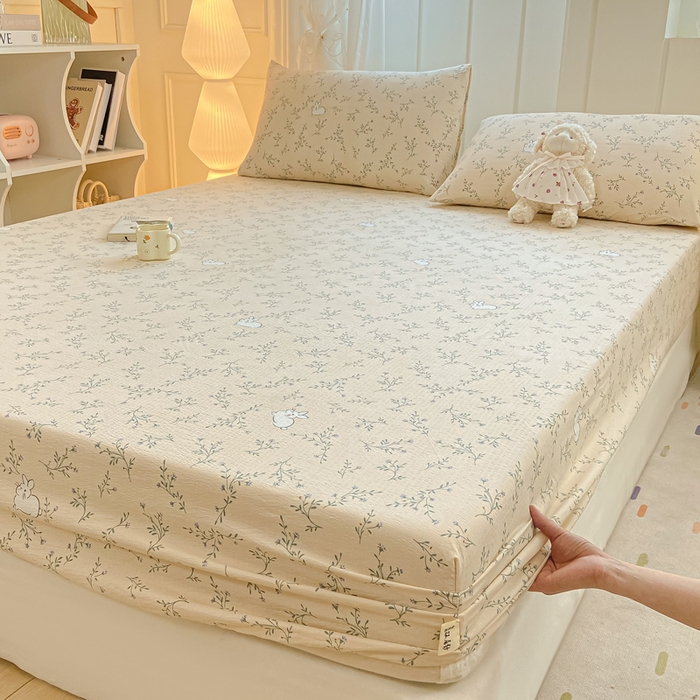 91家纺网 家纺一手货源 找家纺 喜居 2025新款A类原棉双层纱床笠 花丛兔