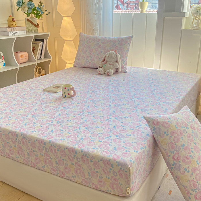 91家纺网 家纺一手货源 找家纺 喜居 2025新款A类原棉双层纱床笠 芊芊花海