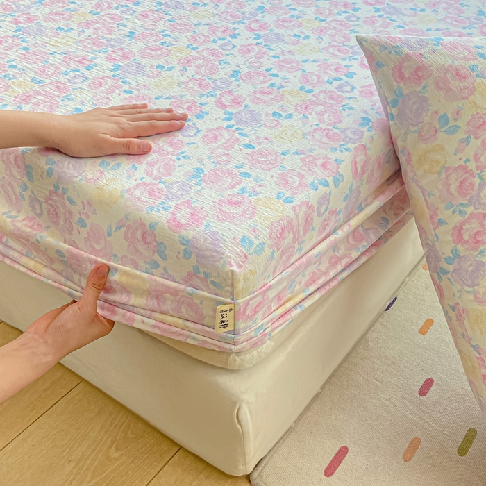 91家纺网 家纺一手货源 找家纺 喜居 2025新款A类原棉双层纱床笠 芊芊花海