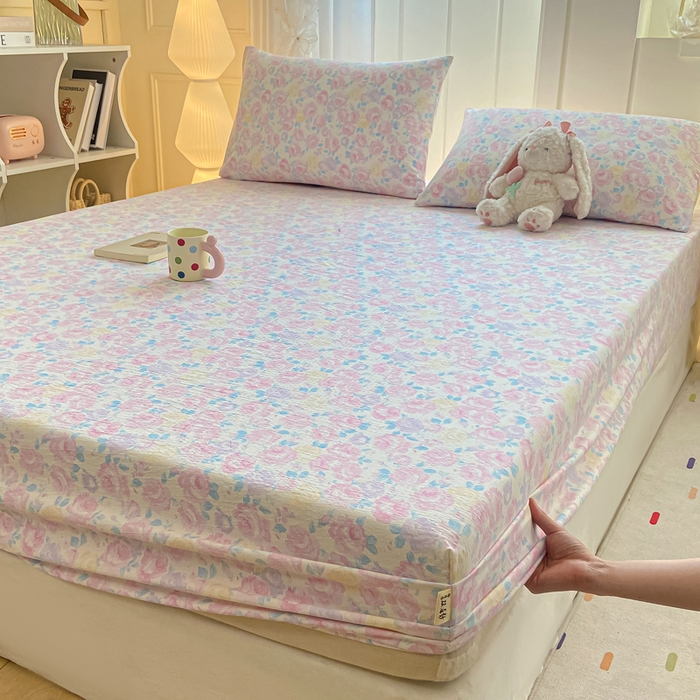 91家纺网 家纺一手货源 找家纺 喜居 2025新款A类原棉双层纱床笠 芊芊花海