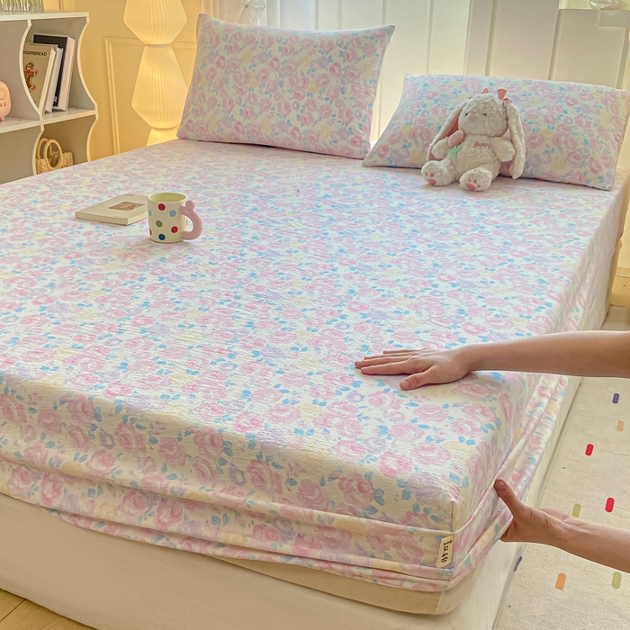 91家纺网 家纺一手货源 找家纺 喜居 2025新款A类原棉双层纱床笠 芊芊花海