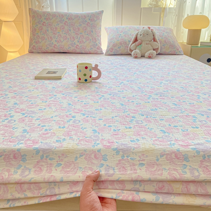 91家纺网 家纺一手货源 找家纺 喜居 2025新款A类原棉双层纱床笠 芊芊花海