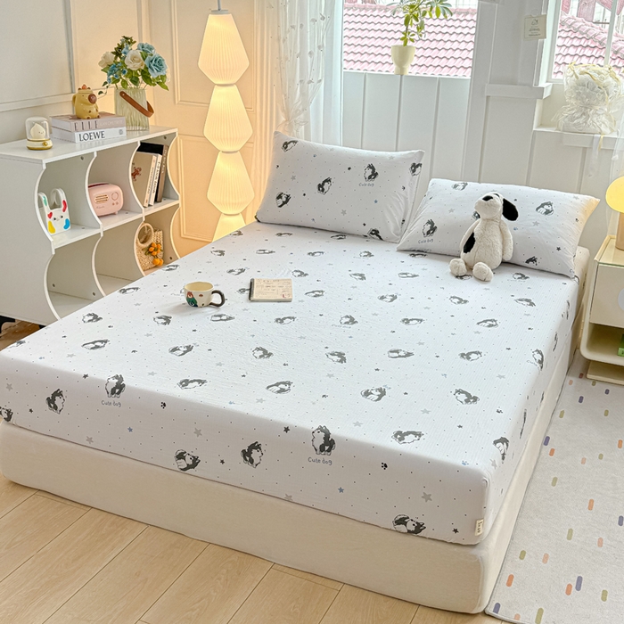 91家纺网 家纺一手货源 找家纺 喜居 2025新款A类原棉双层纱床笠 小边牧