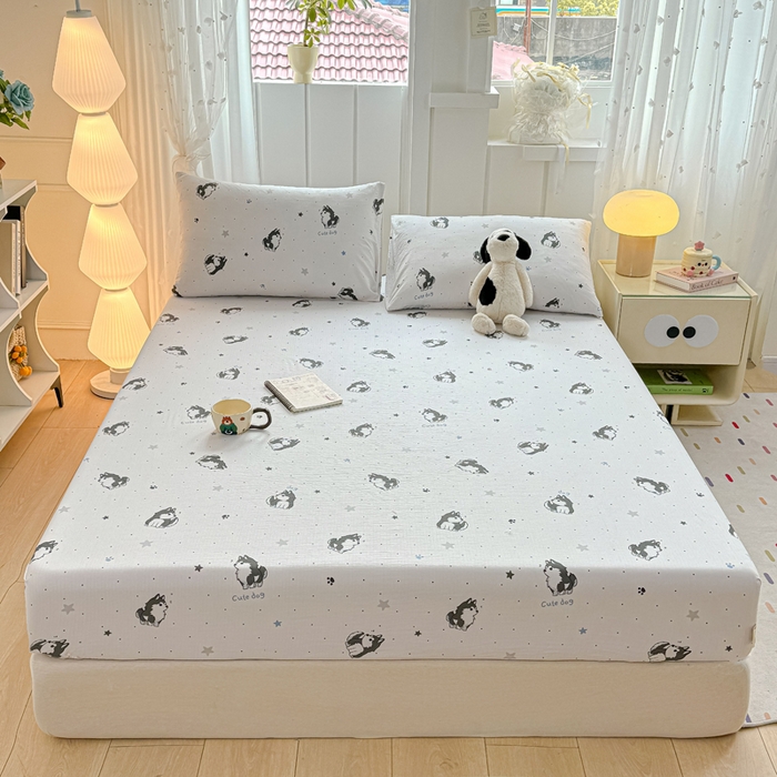 91家纺网 家纺一手货源 找家纺 喜居 2025新款A类原棉双层纱床笠 小边牧