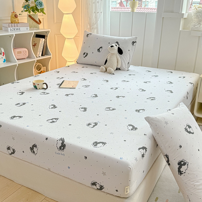 91家纺网 家纺一手货源 找家纺 喜居 2025新款A类原棉双层纱床笠 小边牧