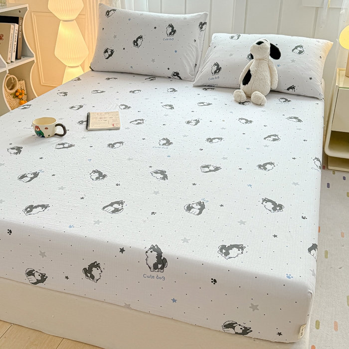 91家纺网 家纺一手货源 找家纺 喜居 2025新款A类原棉双层纱床笠 小边牧