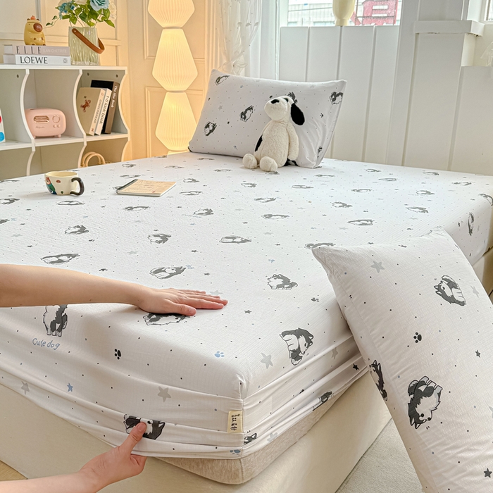 91家纺网 家纺一手货源 找家纺 喜居 2025新款A类原棉双层纱床笠 小边牧