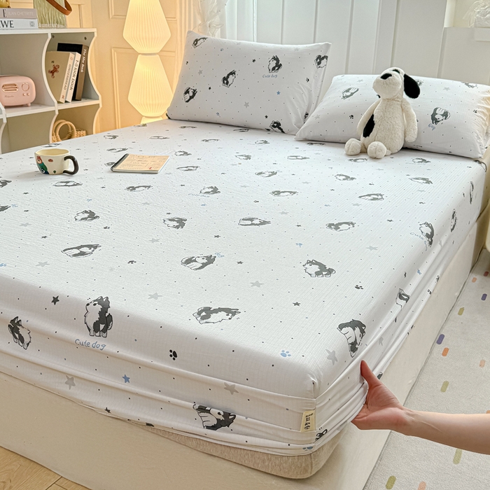 91家纺网 家纺一手货源 找家纺 喜居 2025新款A类原棉双层纱床笠 小边牧