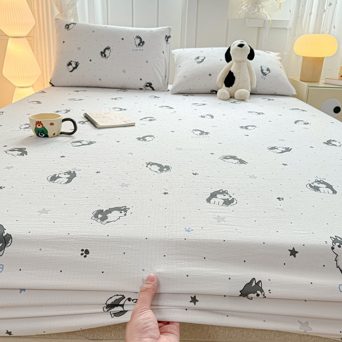 91家纺网 家纺一手货源 找家纺 喜居 2025新款A类原棉双层纱床笠 小边牧