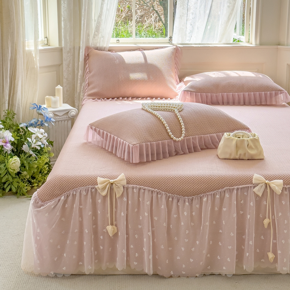 91家纺网 家纺一手货源 找家纺 （总）恋尚羽家纺 2025PE高分子复合软凉席豆豆席大床裙三件套-小欢喜