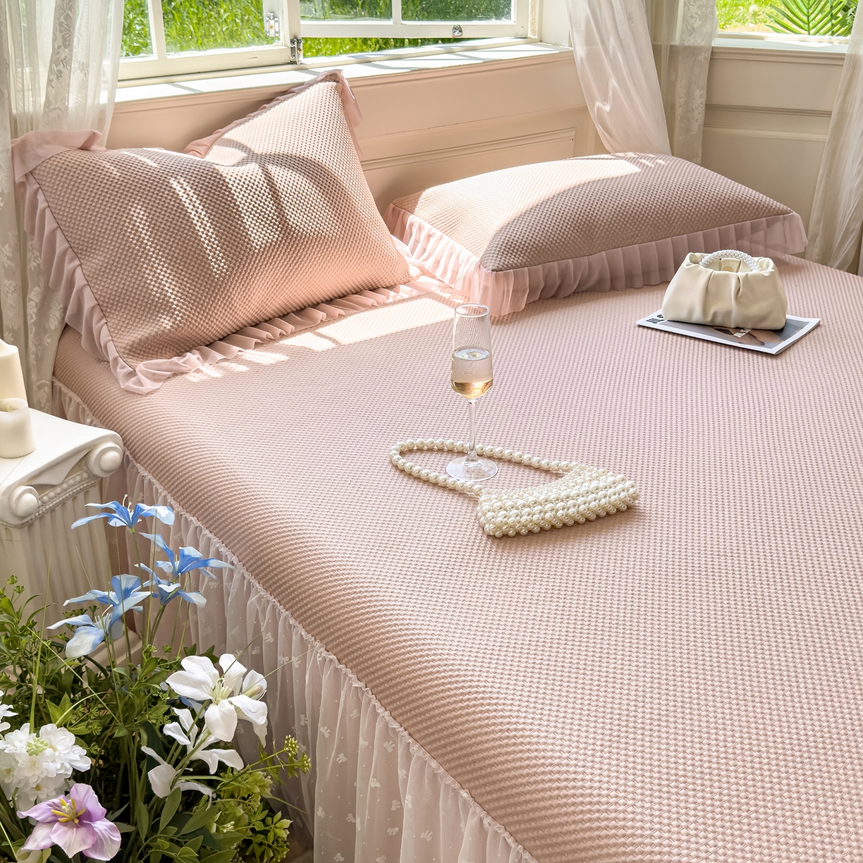 91家纺网 家纺一手货源 找家纺 （总）恋尚羽家纺 2025PE高分子复合软凉席豆豆席大床裙三件套-小欢喜