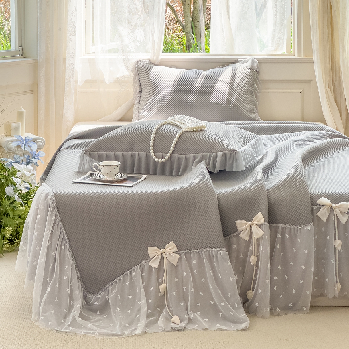 91家纺网 家纺一手货源 找家纺 恋尚羽家纺 2025PE高分子复合软凉席豆豆席大床裙三件套 灰色