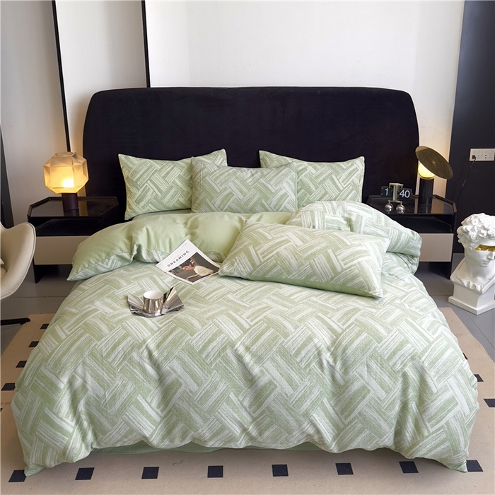 91家纺网 家纺一手货源 找家纺 优品阁 2025新款全棉纯棉A类人字纹三层纱提花四件套-摩登系列 摩登-绿