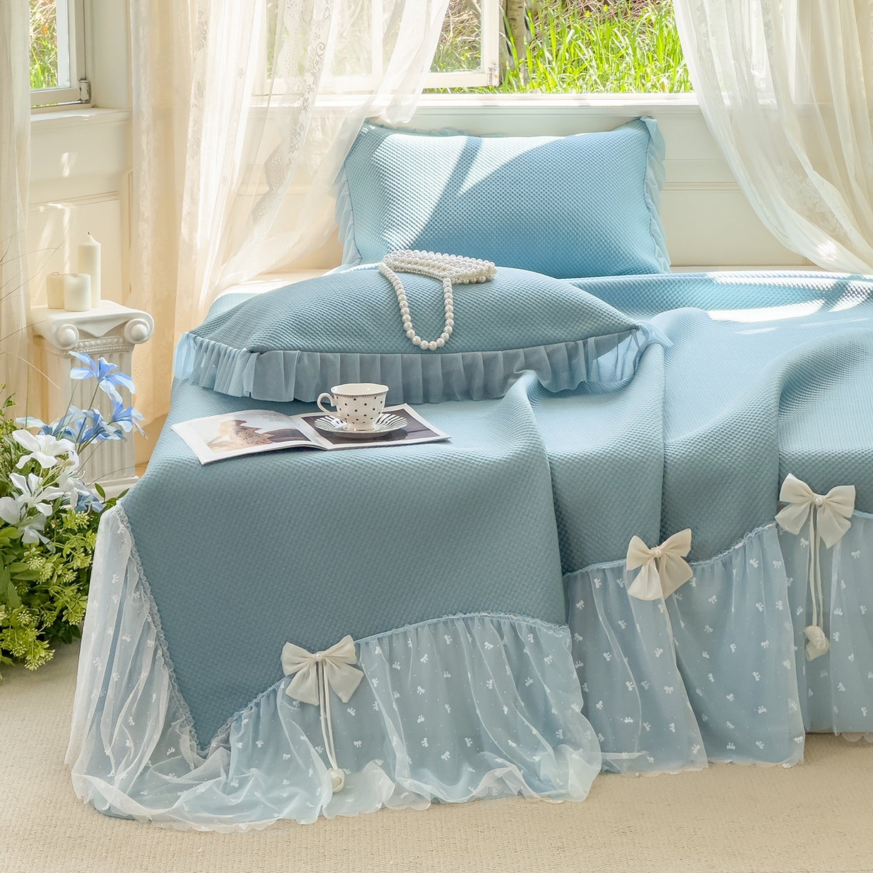 91家纺网 家纺一手货源 找家纺 恋尚羽家纺 2025PE高分子复合软凉席豆豆席大床裙三件套 兰色