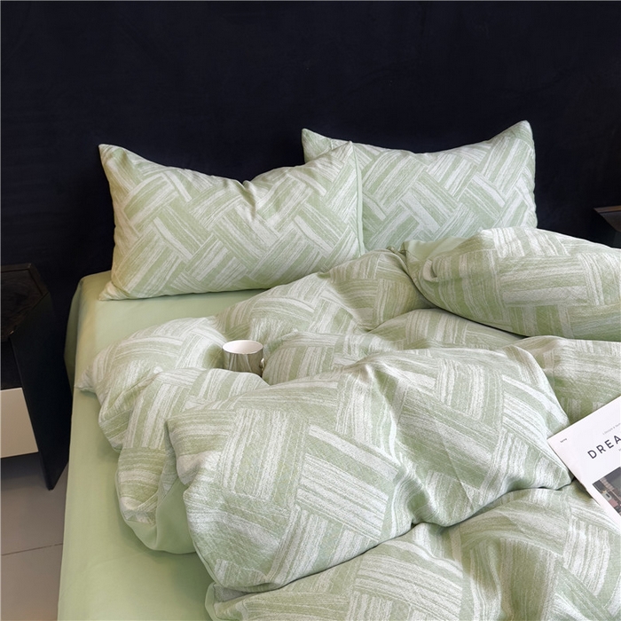 91家纺网 家纺一手货源 找家纺 优品阁 2025新款全棉纯棉A类人字纹三层纱提花四件套-摩登系列 摩登-绿