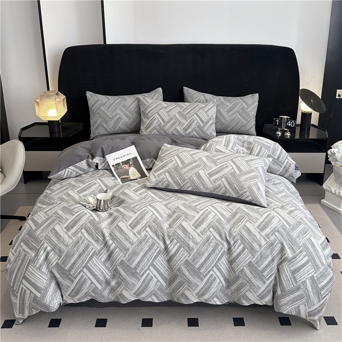 91家纺网 家纺一手货源 找家纺 优品阁 2025新款全棉纯棉A类人字纹三层纱提花四件套-摩登系列 摩登-深灰