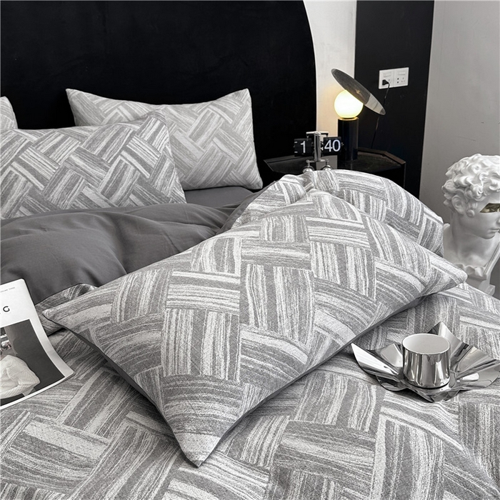 91家纺网 家纺一手货源 找家纺 优品阁 2025新款全棉纯棉A类人字纹三层纱提花四件套-摩登系列 摩登-深灰