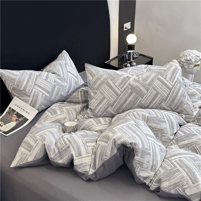 91家纺网 家纺一手货源 找家纺 优品阁 2025新款全棉纯棉A类人字纹三层纱提花四件套-摩登系列 摩登-深灰