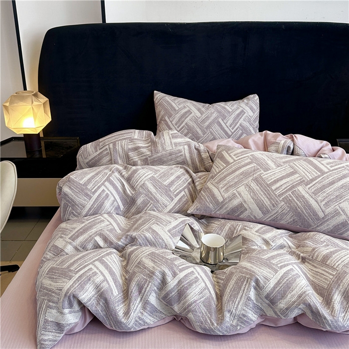 91家纺网 家纺一手货源 找家纺 优品阁 2025新款全棉纯棉A类人字纹三层纱提花四件套-摩登系列 摩登-紫