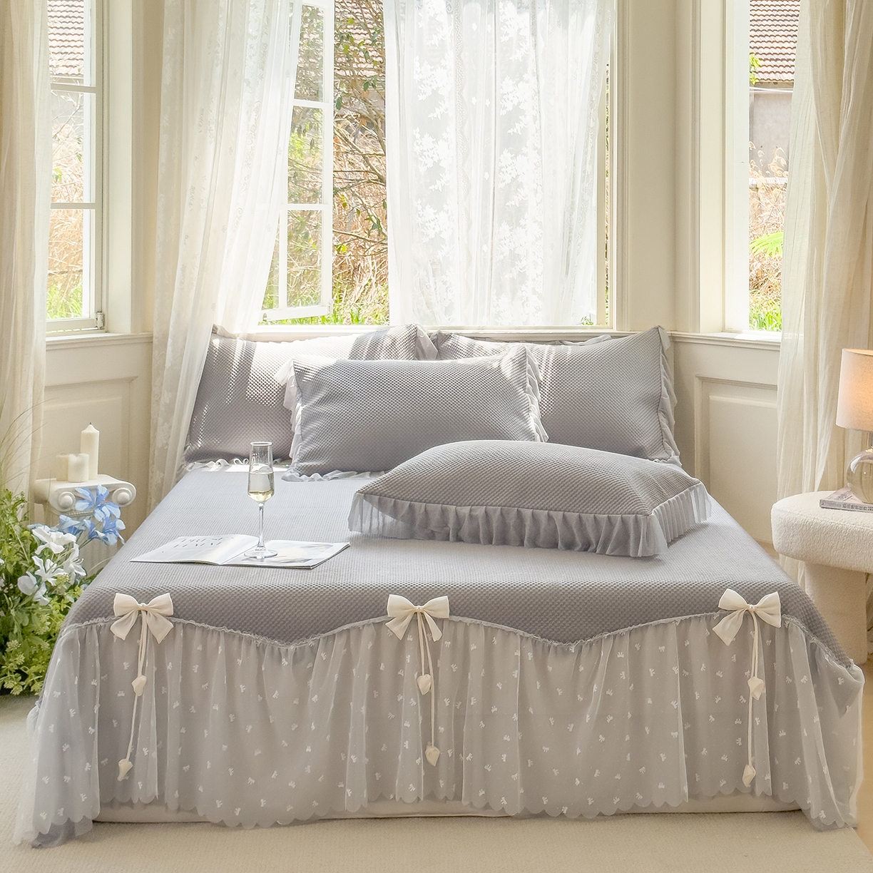 91家纺网 家纺一手货源 找家纺 恋尚羽家纺 2025PE高分子复合软凉席豆豆席大床裙三件套 灰色