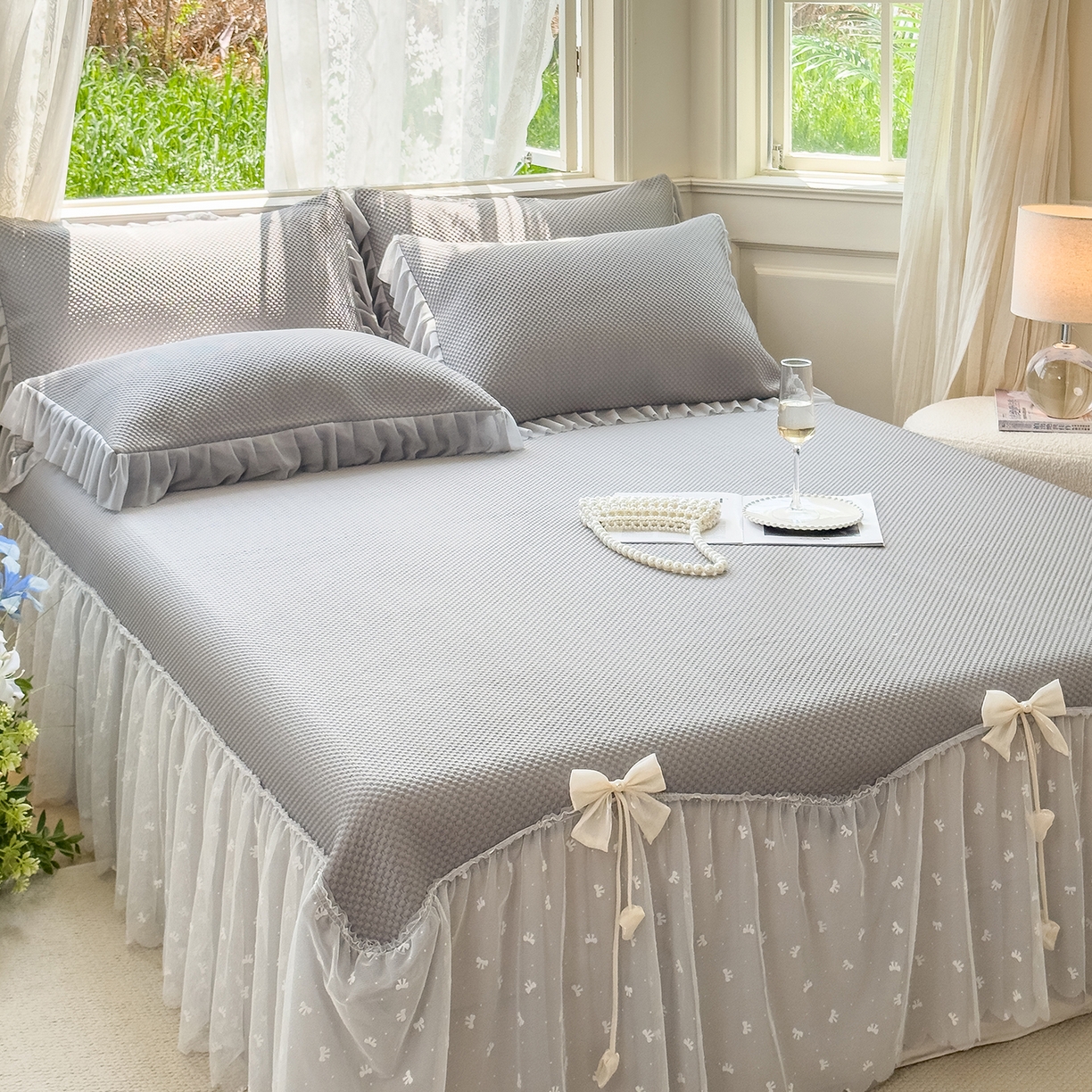 91家纺网 家纺一手货源 找家纺 恋尚羽家纺 2025PE高分子复合软凉席豆豆席大床裙三件套 灰色