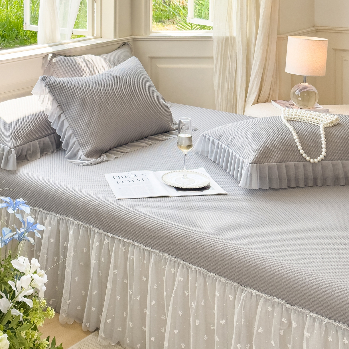 91家纺网 家纺一手货源 找家纺 恋尚羽家纺 2025PE高分子复合软凉席豆豆席大床裙三件套 灰色