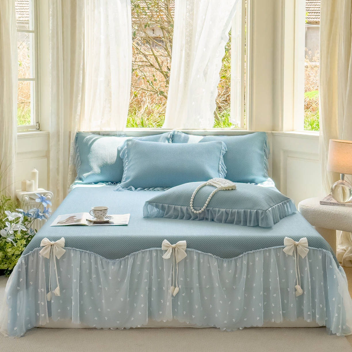 91家纺网 家纺一手货源 找家纺 恋尚羽家纺 2025PE高分子复合软凉席豆豆席大床裙三件套 兰色